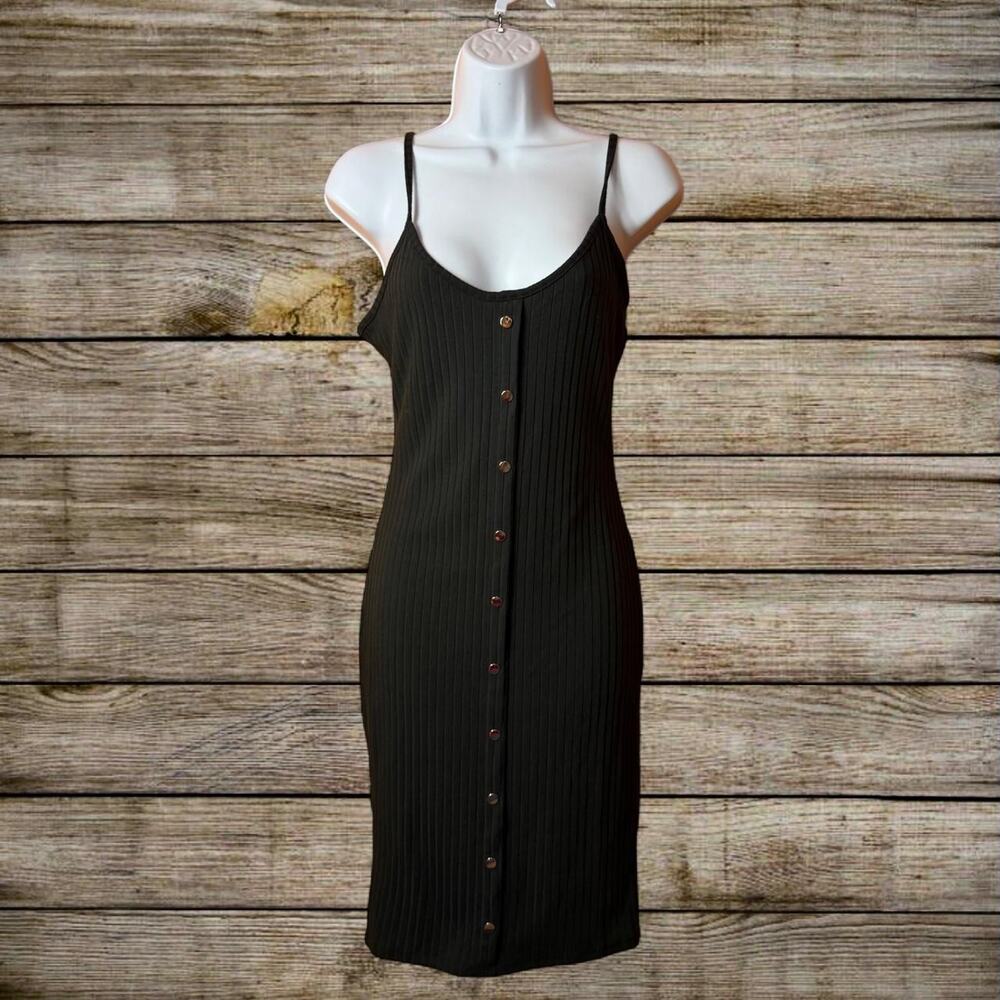 Love J Black ribbed knit Minimalist Chic Bodycon Midi Dress Button Front Sz S